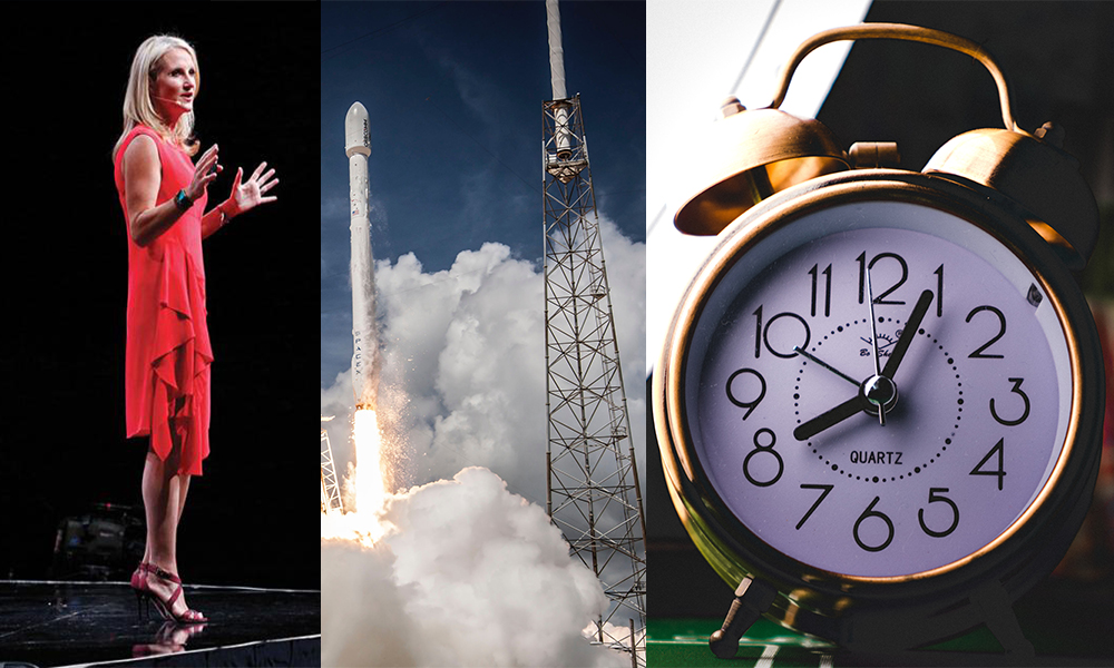 Collage of Mel Robbin, a shuttle taking off and an alarm clock