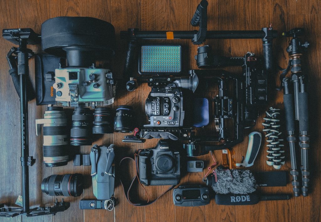Camera equipment on a wooden floor