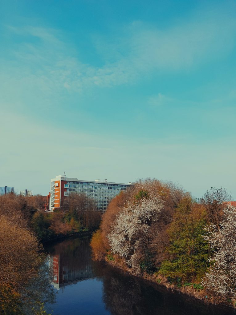 Photo of the maxwell building with river irwell and brown trees in the foreground