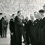 Prince Philip greeting dignitaries inside Salford Technical College