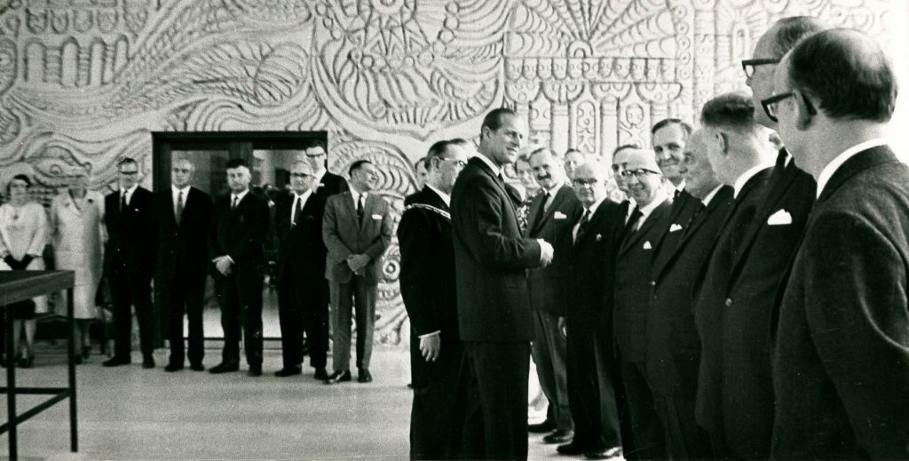 Prince Philip greeting dignitaries inside Salford Technical College prior to officially opening the new building, 15 June 1967