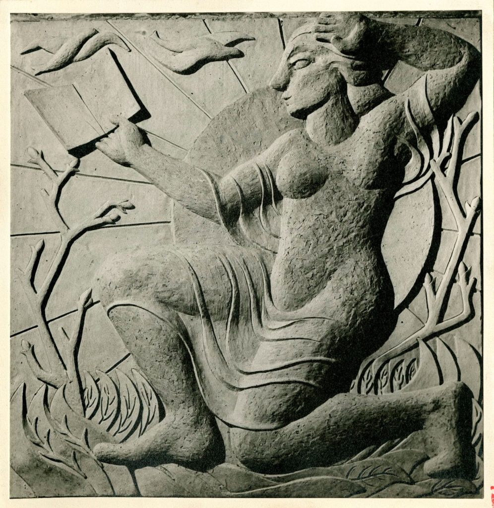 Sculptured panel designed and modelled in the school of art by student John E Milne, 1951