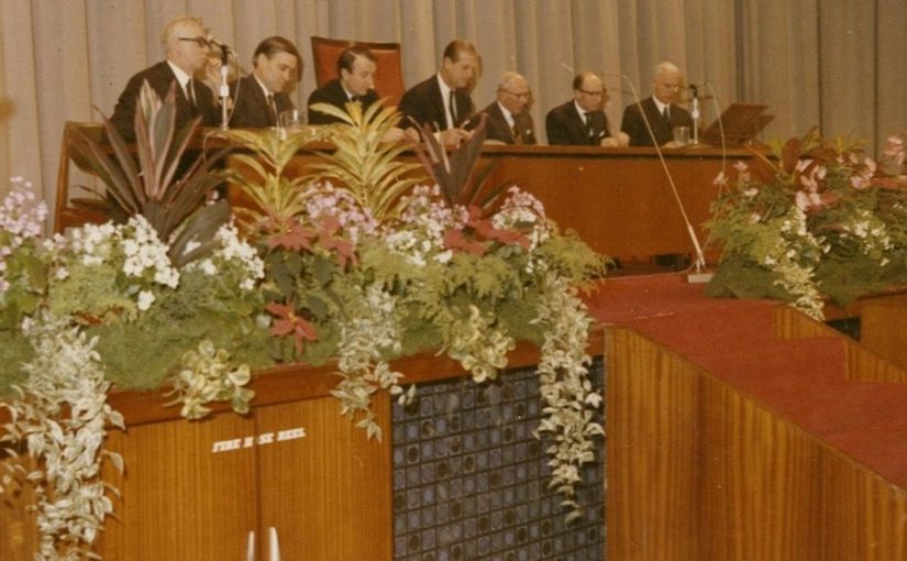 Prince Philip chairing 'Place of University in the Industrial World' conference (1969).