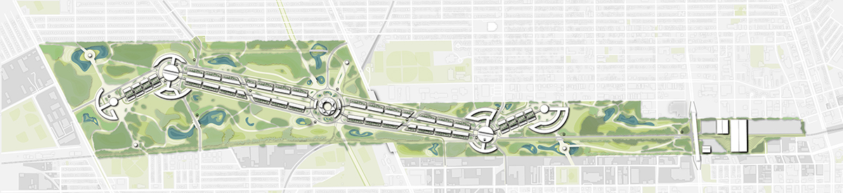 Masterplan of Winnipeg's rail yard redevelopment by student Samuel Dempsey.