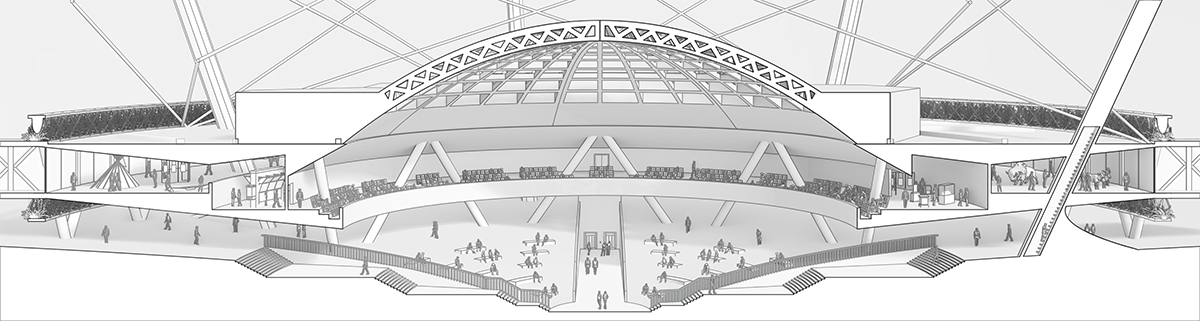Section through civic assembly hall by student Samuel Dempsey.