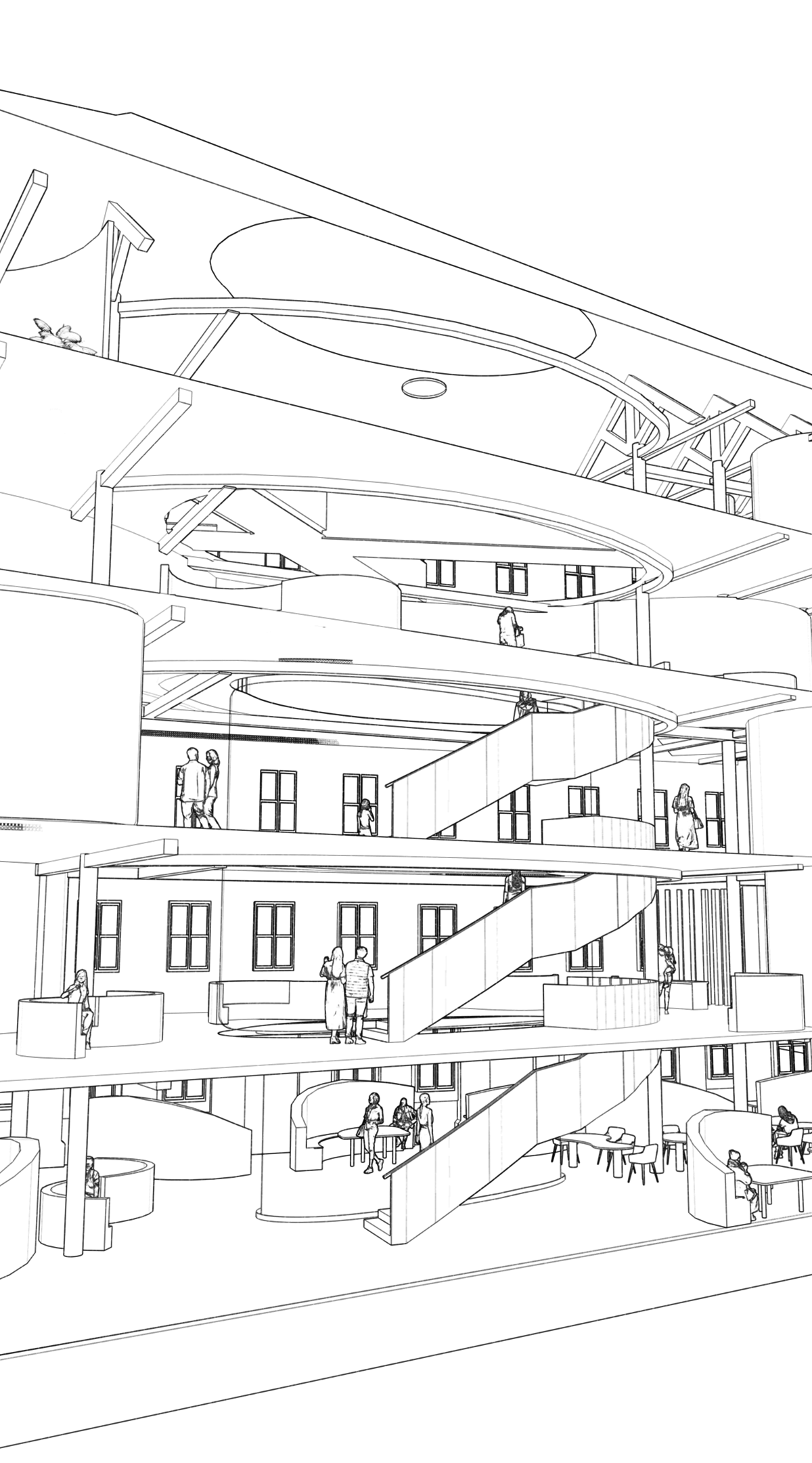 Sectional axonometric drawing of the circulation space in a women’s chronic condition management centre designed by student Abigail Lamb