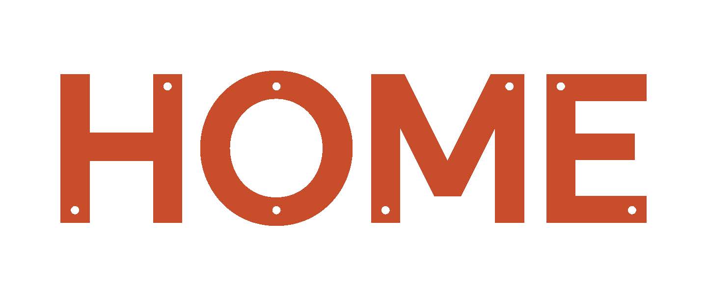 Logo for HOME: word HOME in orange with white background