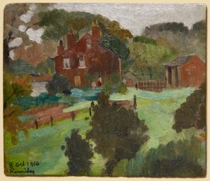 Oil painting of a house in the distant with trees and a field in the foreground.
