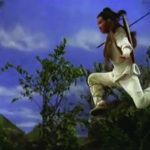 Video still of a martial arts man in the air about to land on the ground. There are trees in the background.