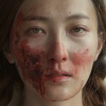 Still from a video of a woman staring into camera with blood smeared on her face.
