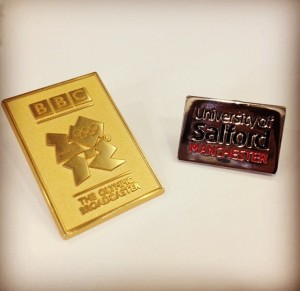 London 2012 Summer Olympics and University of Salford graduate pins