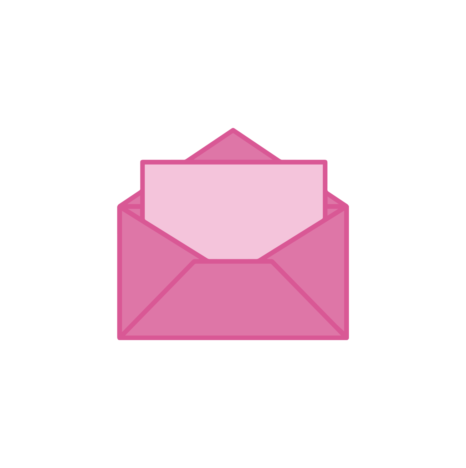 A drawing of an open pink envelope containing a single sheet of pink paper.