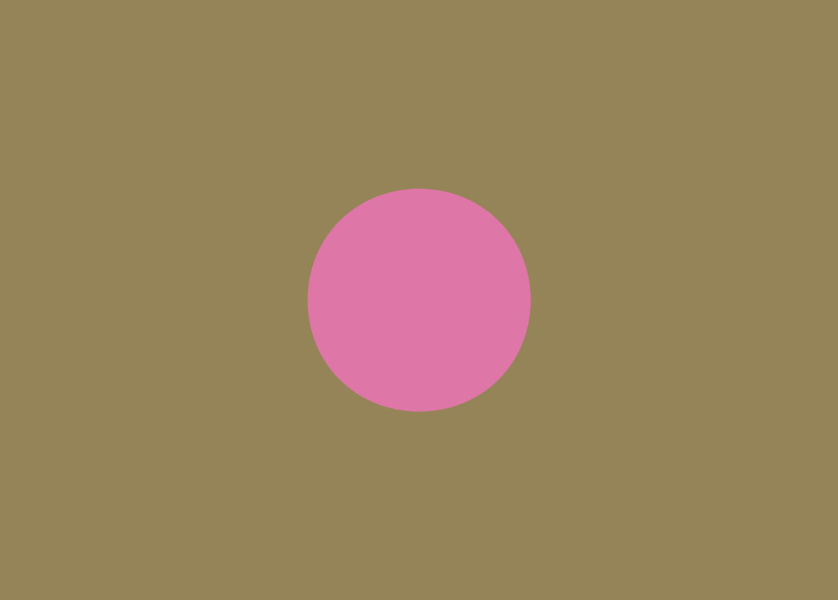 Third pink dot in an expanding then contracting sequence, against a gold background