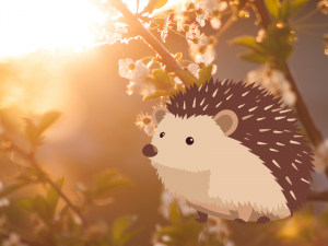 A cartoon hedgehog with a spring background.