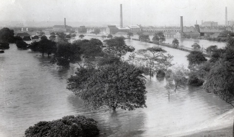 A black and white image of Peel Park flooded.