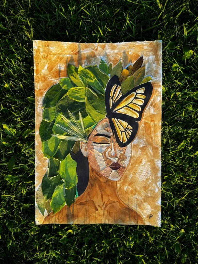 Handmade collage of a person with a butterfly on their head and a head garment made from leaves