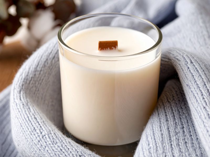 A white soy wax candle with a brown wick.