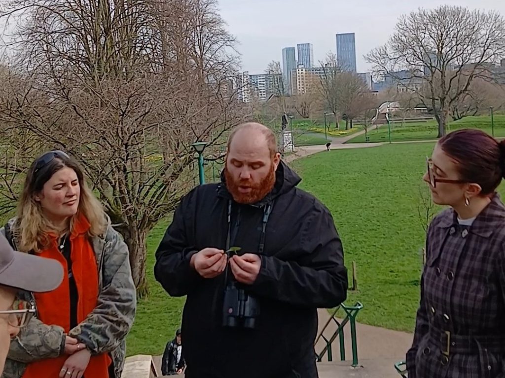 Man holding a leaf with people looking at it.