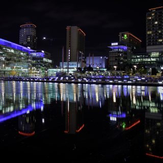 A night time shot of MediaCityUK