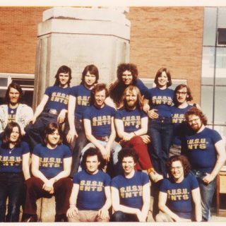 members of the Students Union events team pose in front of Maxwell Hall in 1975 on the evening of the Kinks concert in Maxwell Hall