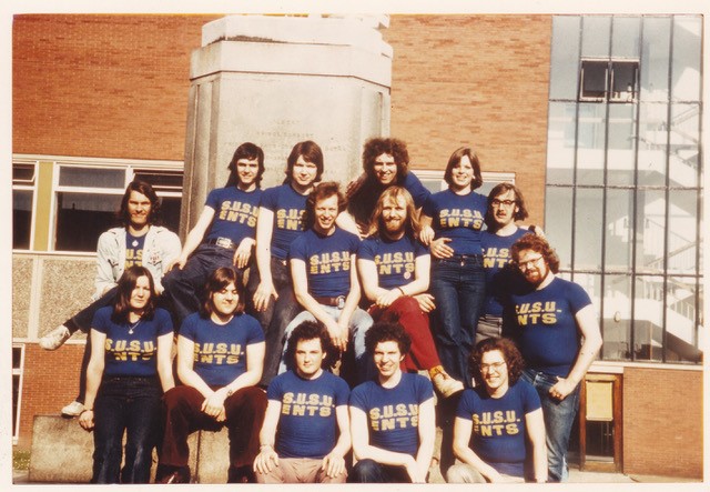 members of the Students Union events team pose in front of Maxwell Hall in 1975 on the evening of the Kinks concert in Maxwell Hall