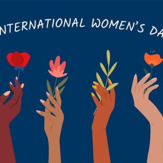 An illustration for International Women's Day showing four hands holding flowers