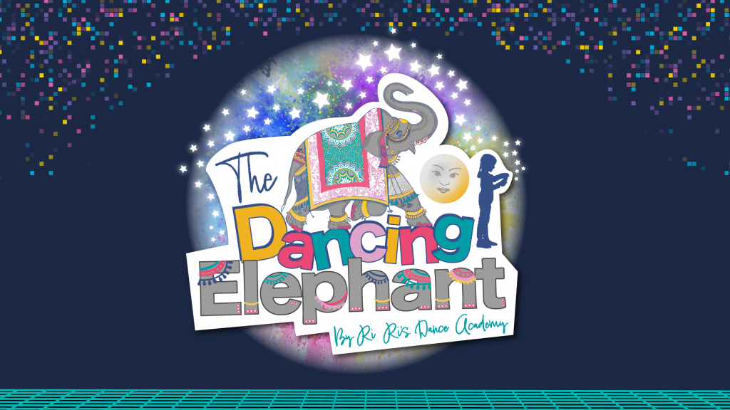 Animated grey elephant, sprays sparkles and stars with a text overlay which reads 'The Dancing Elephant' and 'Ri Ri's Dance Academy' which is the dance school run by Ria Meera Munshi. It's set on a dark blue background and the text is of a rainbow colouring.