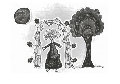 An illustration from the anthology, depicting a woman standing under an archway wrapped in thorned roses.