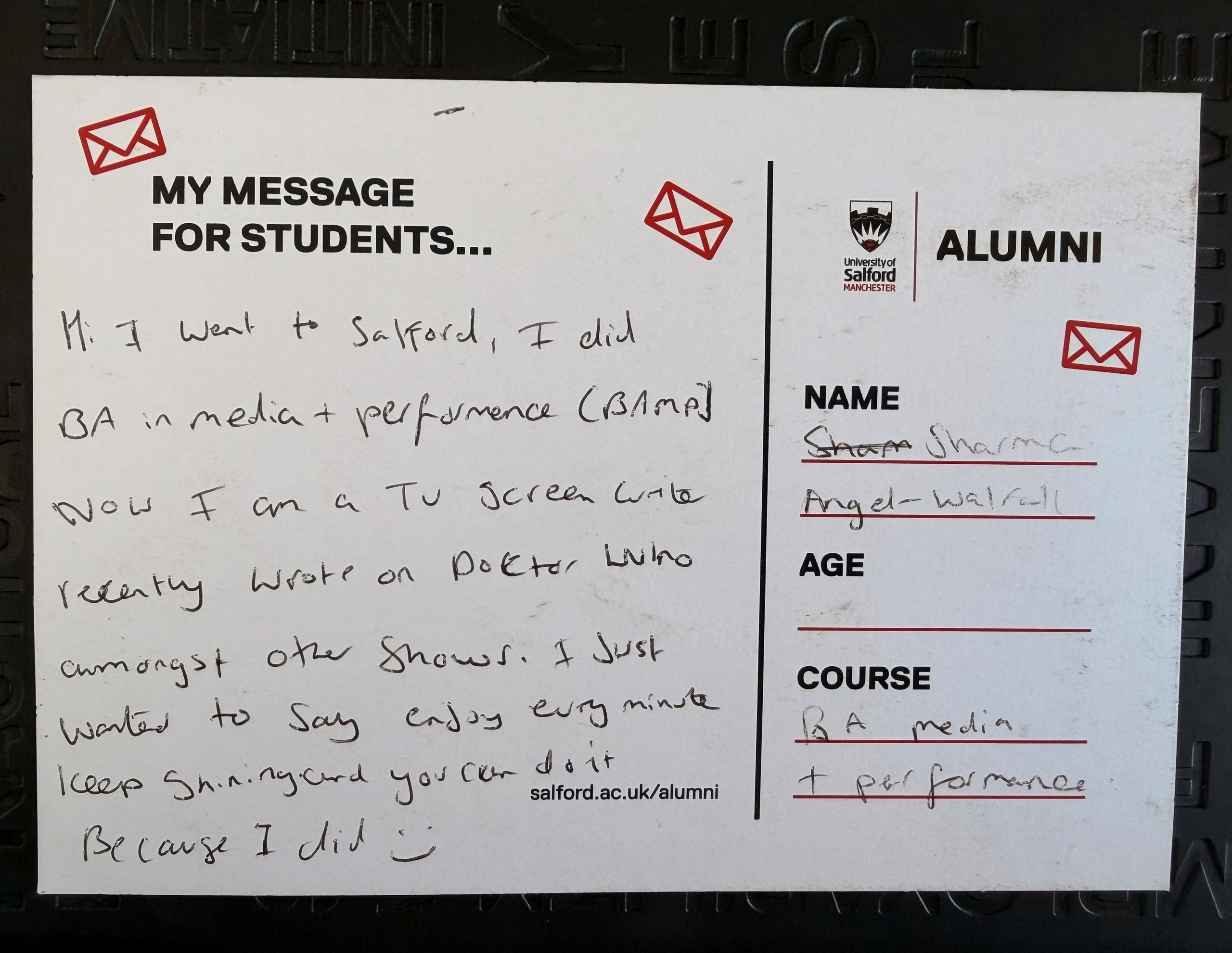 Sharma Angel Walfall graduation card
