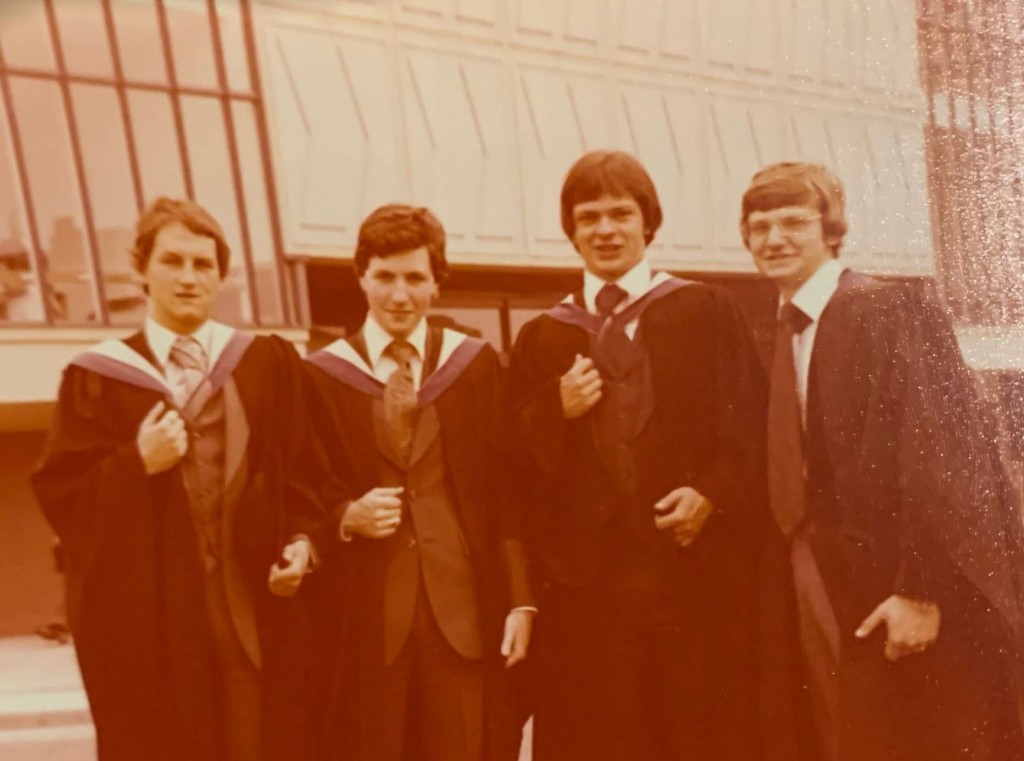 Gary, Nick, Alan and Stan graduated in Modern Languages, Chemistry and Business Studies in 1979.