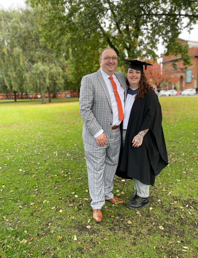 Sylvia celebrates with Dad, Dale, after graduating in BSc Wildlife Conservation with Zoology in 2020