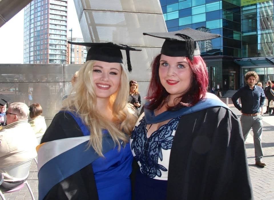 Lou and Lauren on 15 July 2015, graduating in BA Hons TV & Radio Production.
