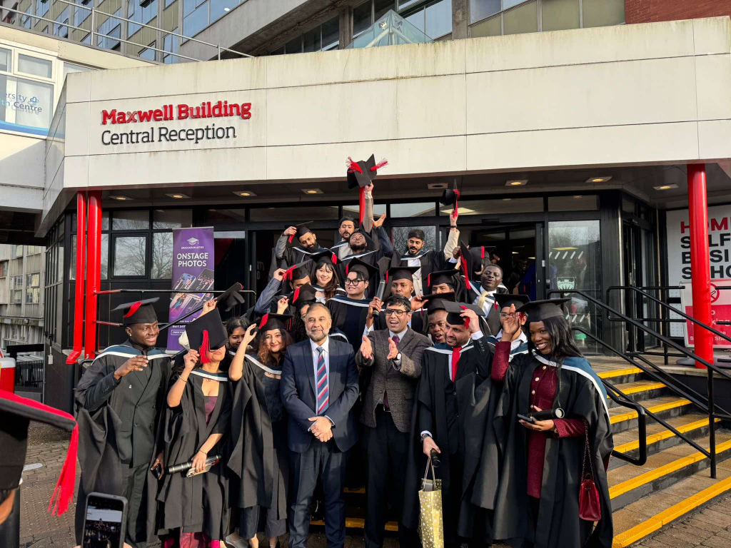 The MSc Financial Technology year group, celebrate in 2024.