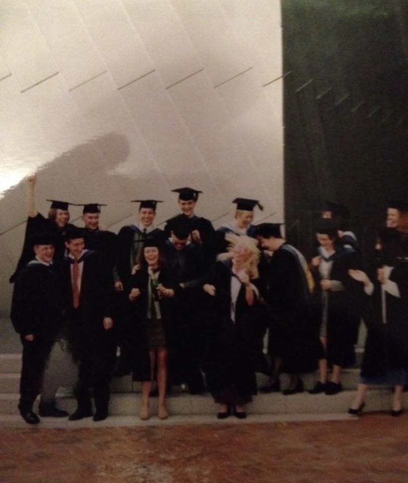 BA Band Musician Ship graduates – Chris, Margie, Euros, Matt, Frances, Jenny, Matt, Debbie, Lara, Elaine, Craig, Malcolm and Nicola – enjoy the first Graduation held at the Lowry in the Year 2000
