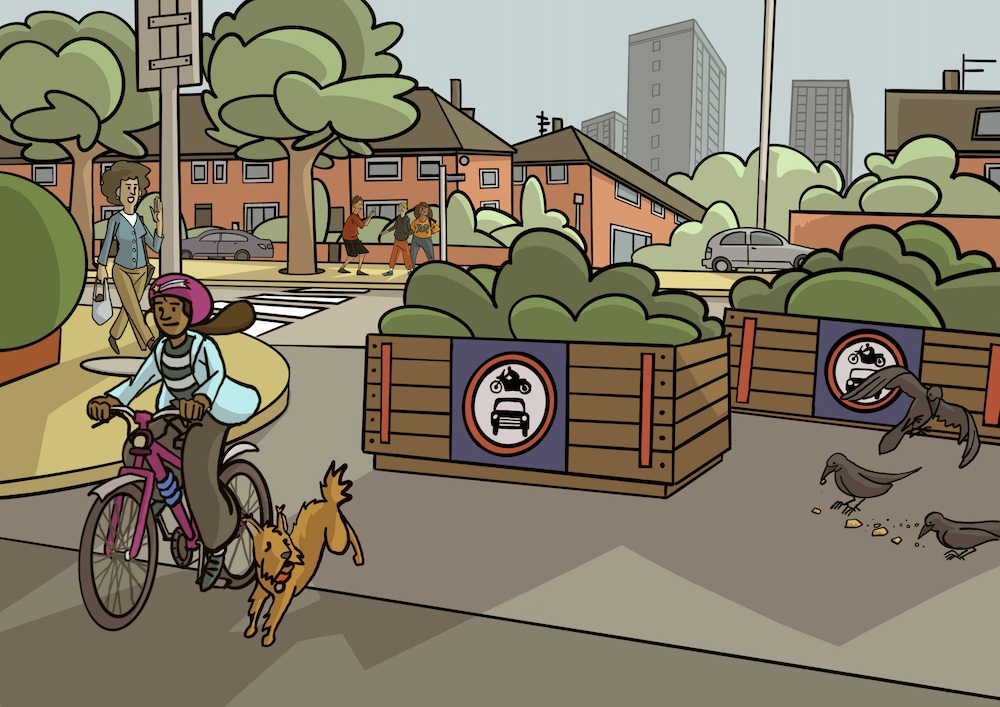 This is an illustration showing a young girl on a pink bicycle with a dog running beside her, cycling along a filtered road filtered using two planters. Each planter has signs indicating no-through route for motor vehicles. There are two birds eating crumbs on the ground and beyond the planters is a larger road. A woman is walking along the pavement with some shopping and, on the opposite side of the road, in front of terrace houses, children are standing together on the pavement. In the distance are three high rise tower blocks. 