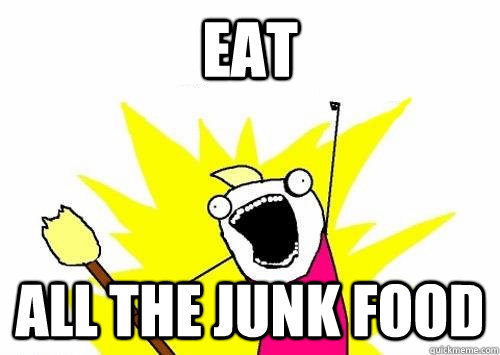 Cartoon of someone shouting 'Eat all the junk food'