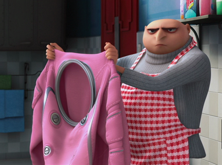 Gru from Despicable Me holding a space suit that has gone pink in the wash