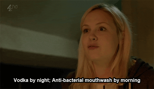 girl talking about vodka with text on the screen saying 'vodka by night, antibacterial mouthwash by morning'.