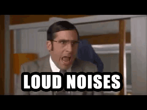 Guy shouting and the words 'load noises' in subtext