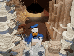 Cartoon Donald Duck washing plates fast in a sink