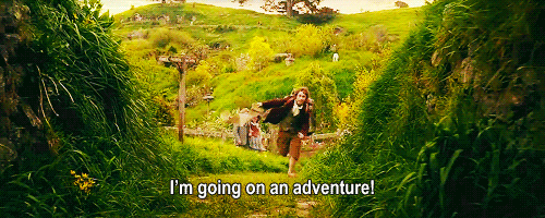 Scene from Lord of the Rings of Bilbo Baggins running in the shire