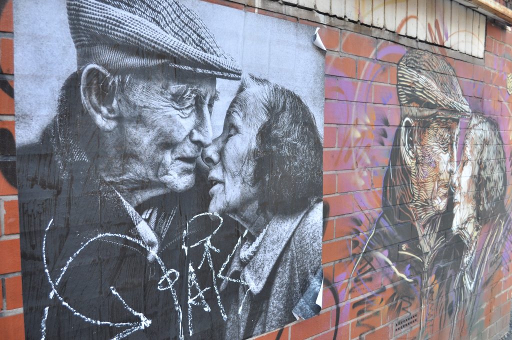 Stencil of a French elderly couple on Warwick Street