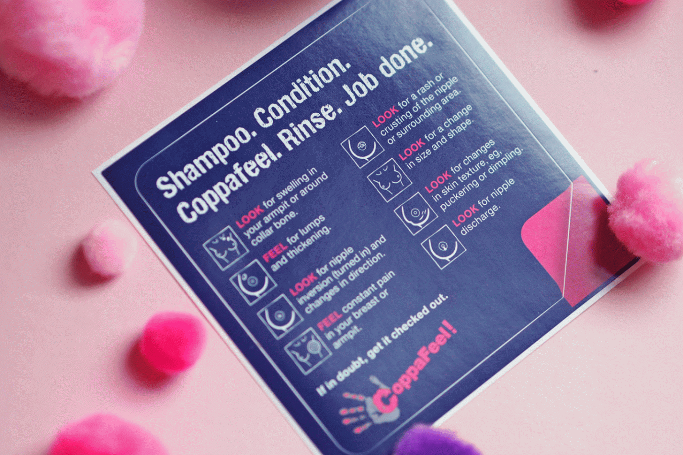 A label explaining how to look and feel for lumps on breasts