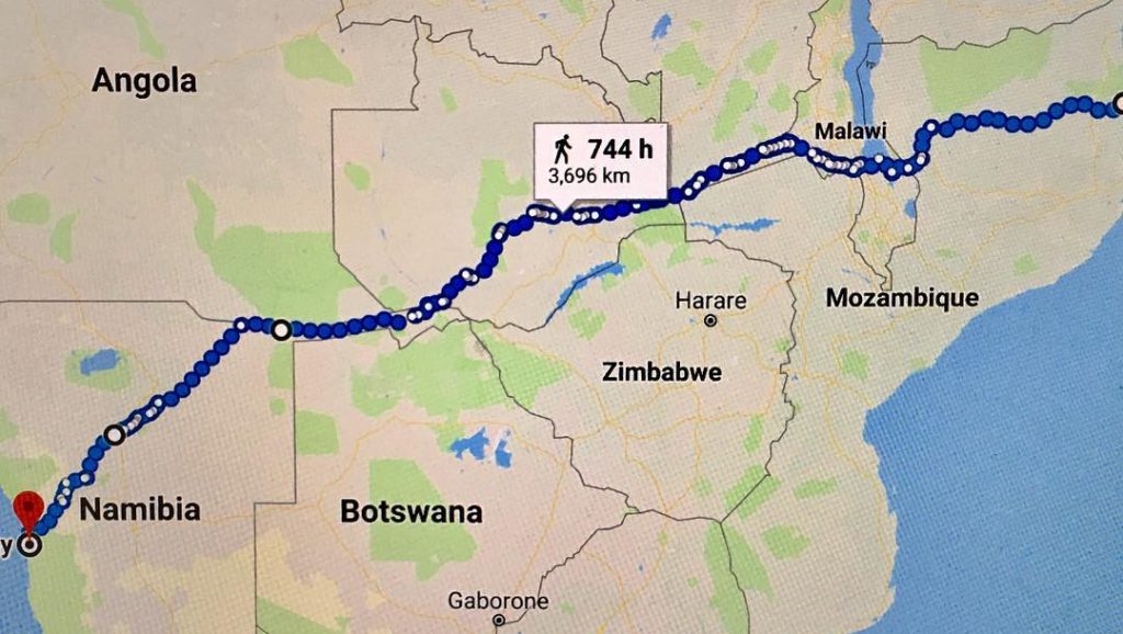 Map of Africa west coast to east coast run for charity with length of 3696km