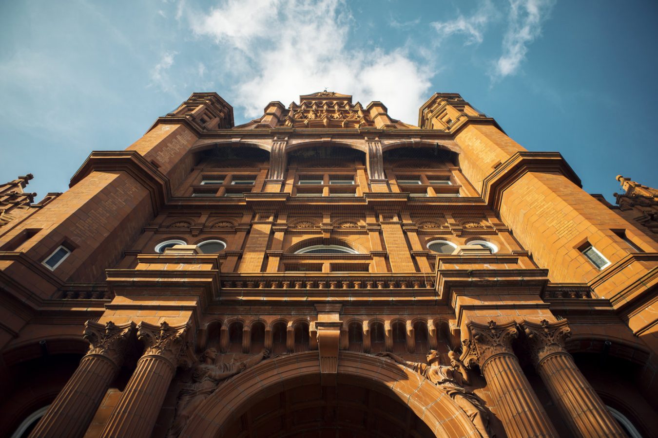 Photograph of entrance to Peel Hall from below looking up to the roof