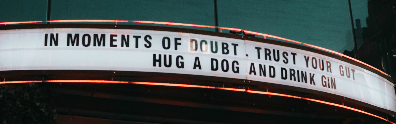 Old fashioned theatre sign reading: In moments of doubt, trust your gut, hug a dog and drink gin