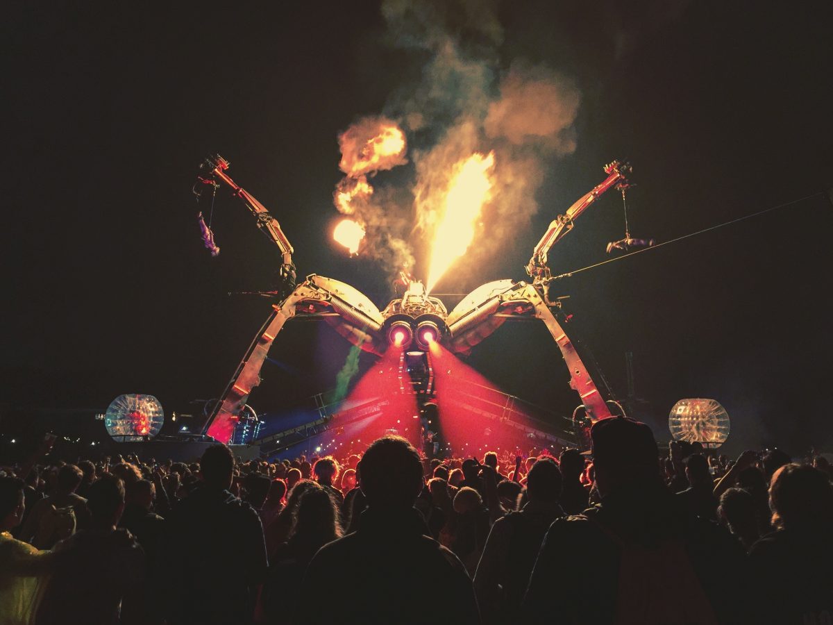 Spider stage at Glastonbury festival with fire effect coming out of the top