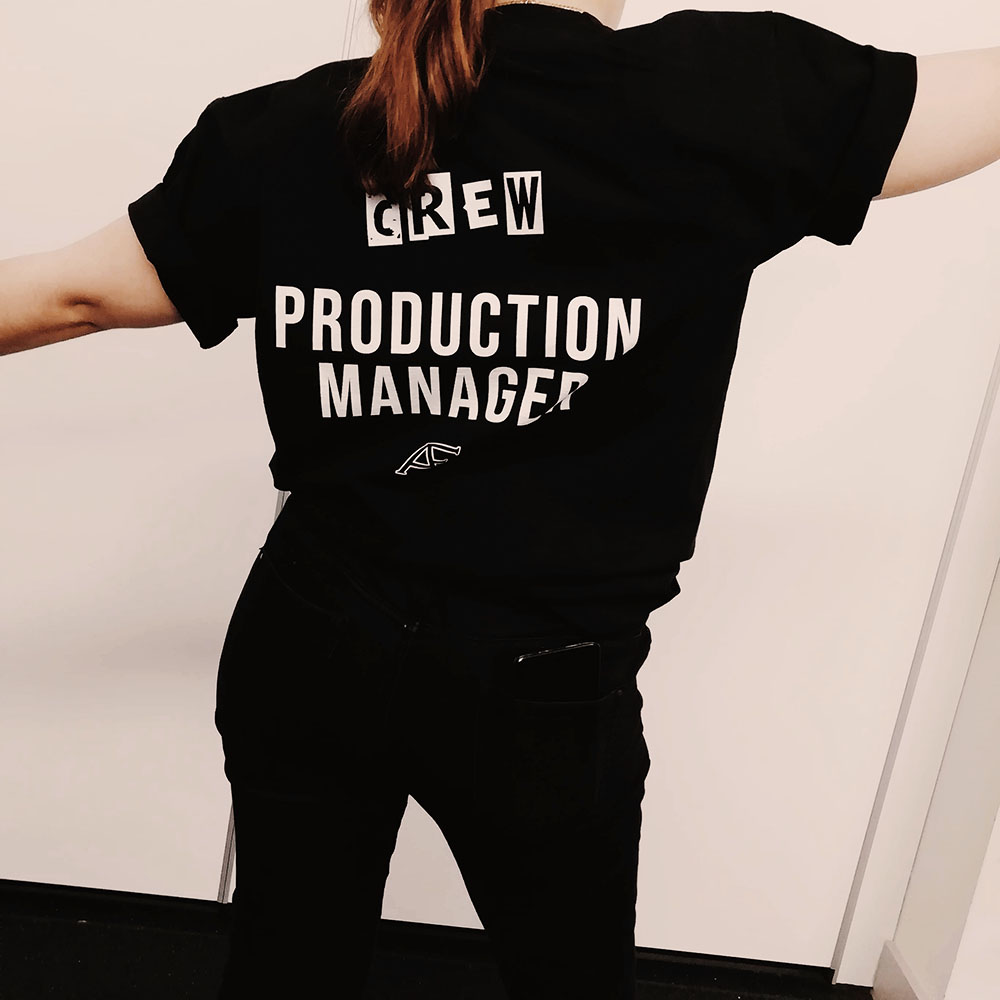 Me modelling my Almost Famous Theatre Company t-shirt that has 'Production Manager' printed on the back with the Almost Famous logo.