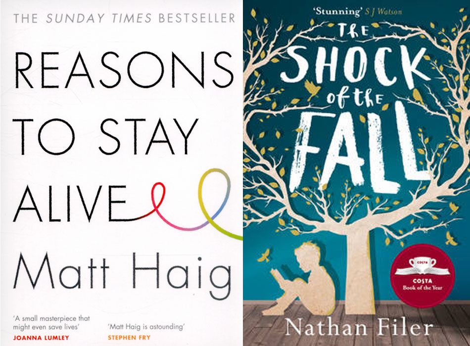 Side by side covers of the books Reasons to Say Alive by Matt Haig (left) and The Shock of the Fall by Nathan Filer (right). The cover for Reasons to Stay Alive is white with quite simple black font however the font of the 'E' in 'Alive' goes off into a rainbow coloured swirl at the end. The cover for Shock of The Fall has a blue wallpaper and wooden floor background and in the foreground is a silhouette of a tree and small boy reading a book underneath it. The font of the title is white and looks handwritten or similar to crayon. 