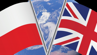 Photo of the Flag of Poland and UK infront of a globe image